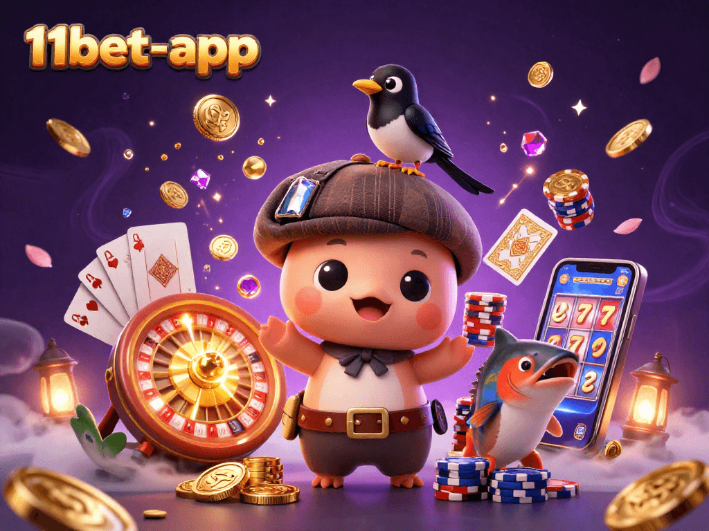 Engage in exciting gameplay with 11bet-app at this colorful casino scene featuring vibrant characters.