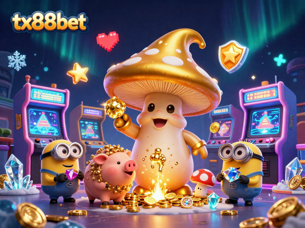 Engage with tx88bet's vibrant 3D casino scene featuring whimsical characters and exciting gameplay elements.