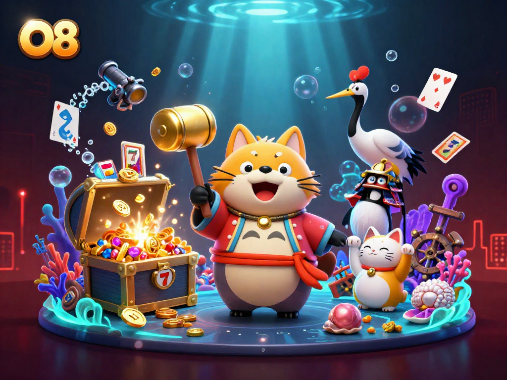 O8 provides a vibrant gaming experience with cartoon characters enjoying slots amidst treasures.