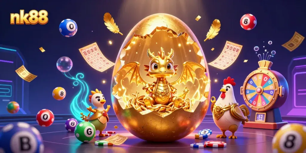 Engage in thrilling gaming action with nk88 as a golden baby dragon and poker chips bring luck and excitement.