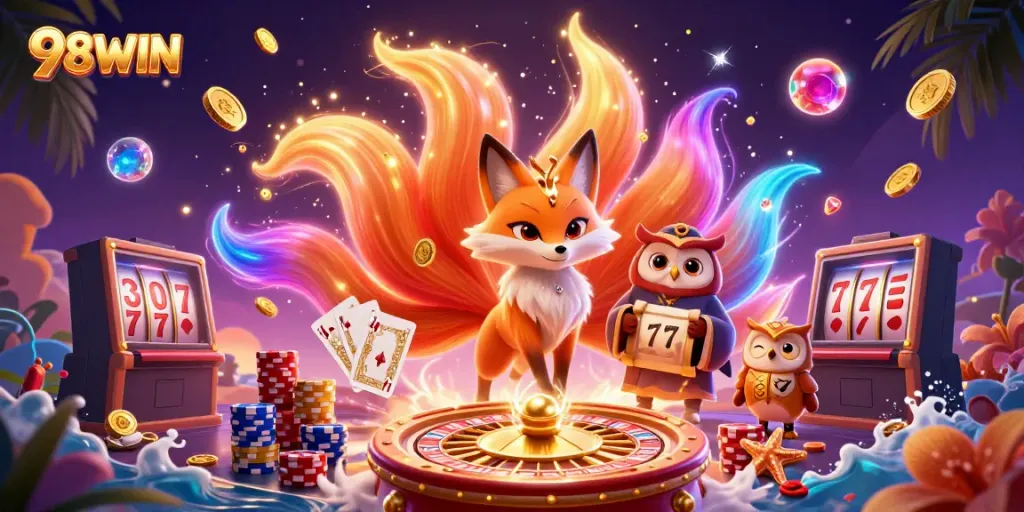 Experience the adventure with 98WIN as joyful spirits illuminate a vibrant casino scene.