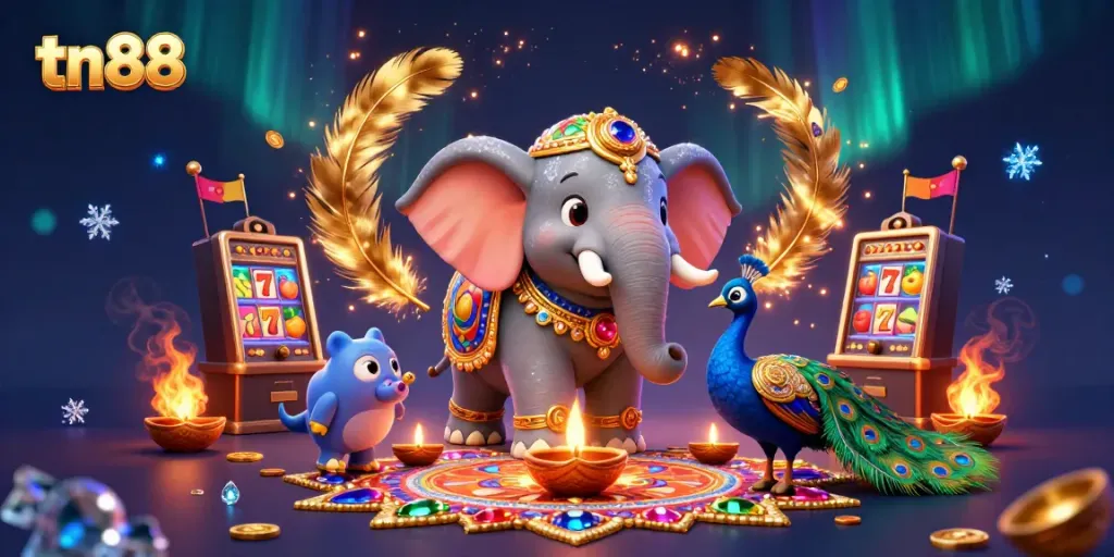 Spin and win with tn88 in this vibrant casino-themed illustration featuring a Diwali-themed elephant.