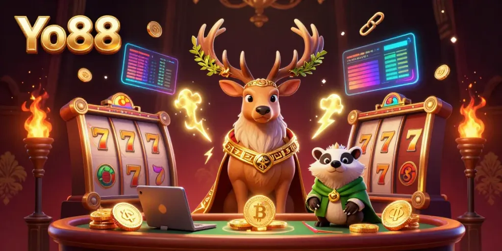 Engage in thrilling gameplay with Yo88's vibrant casino scene highlighted by enchanting characters and slot game elements.