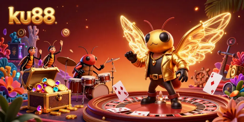 Experience thrilling gaming at ku88 with a 3D rock star and vibrant casino elements, showcasing action and excitement.