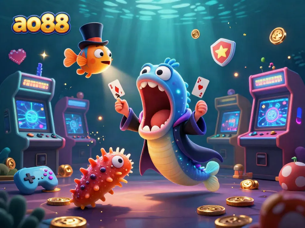 Experience exciting gambling at ao88 with a deep-sea magic show and vibrant casino-themed digital art.