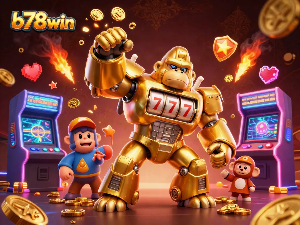 Engage with b78win's thrilling gaming experience featuring a dynamic mech and vibrant slot machines.