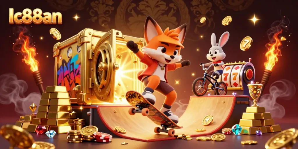 Watch the skateboarder fox and BMX rabbit explore the bright world of lc88an filled with treasure and slot reels.