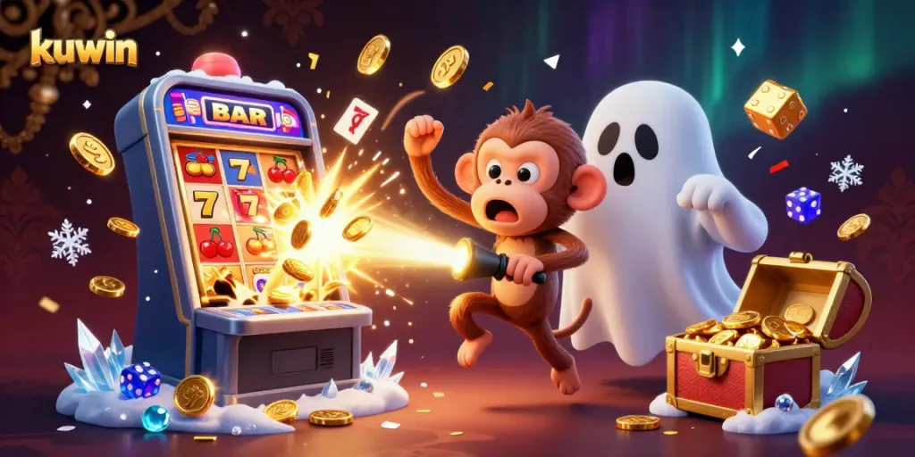 Kuwin enhances the gaming experience with a playful poltergeist monkey and a curious puppy in a lively casino scene.
