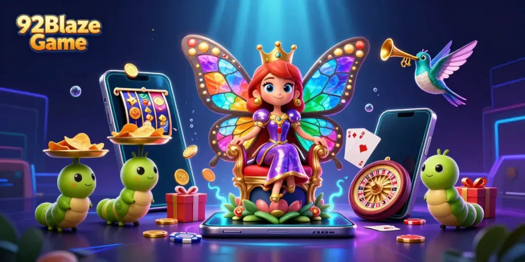 Engage in 92Blaze Game with a vibrant butterfly queen illustration among colorful casino elements.