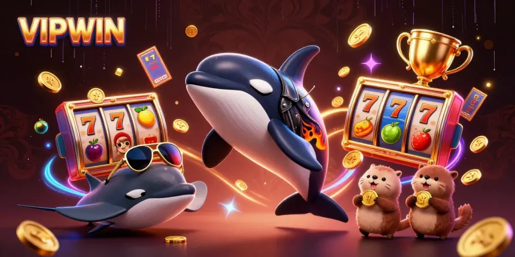 Experience the excitement of VIPWIN with a lively scene featuring an orca, stingray, and otters amidst dynamic casino elements.