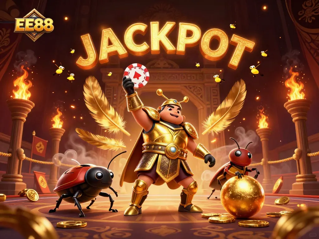 Catch the excitement with EE88, where the jackpot is symbolized by a victorious beetle in a vibrant casino scene.