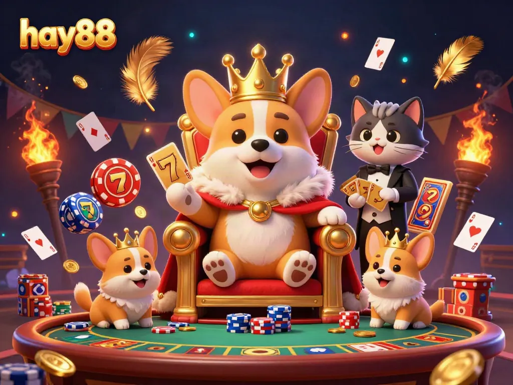 Experience the excitement of hay88 with a royal corgi on a throne of poker chips and slot reels.