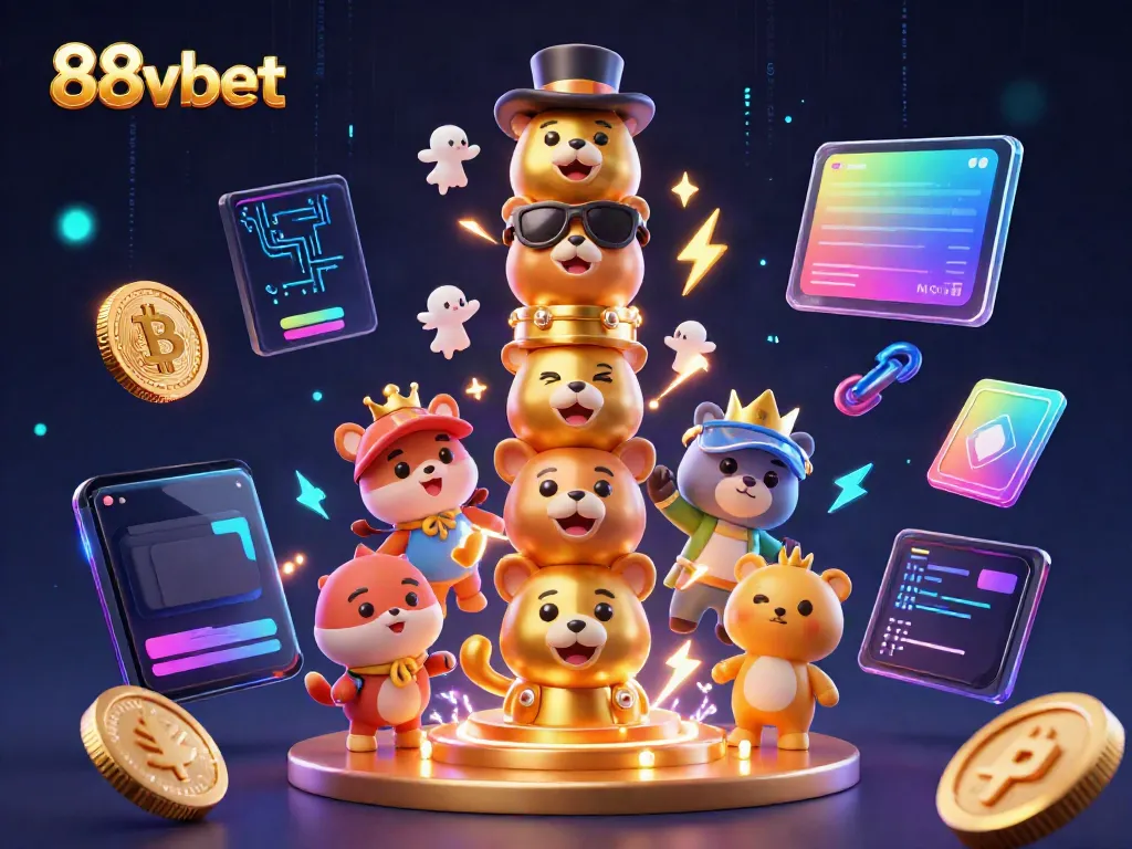 Engage with the dynamic world of 88vbet featuring vibrant 3D totem pole characters and cryptocurrencies.