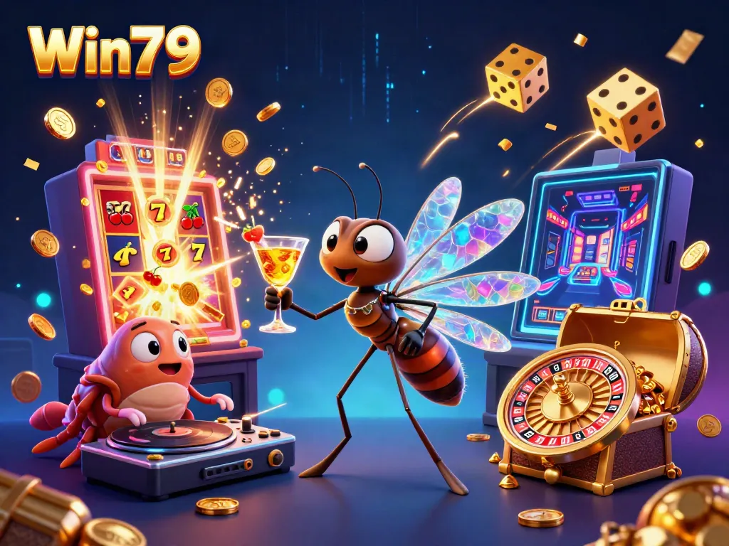 Win79 casino scene featuring a quirky frozen mosquito mascot and a trilobite DJ amidst a jackpot explosion.