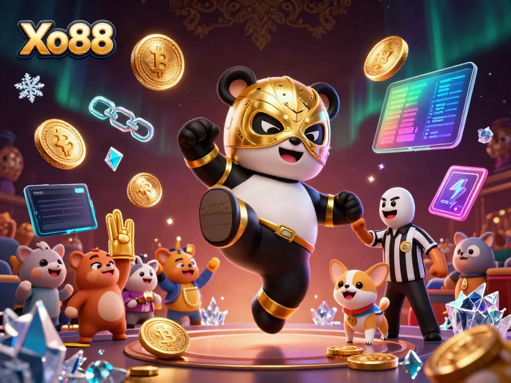 Xo88 engages players with dynamic 3D illustration featuring a panda wrestling, animals cheering, and crypto elements.