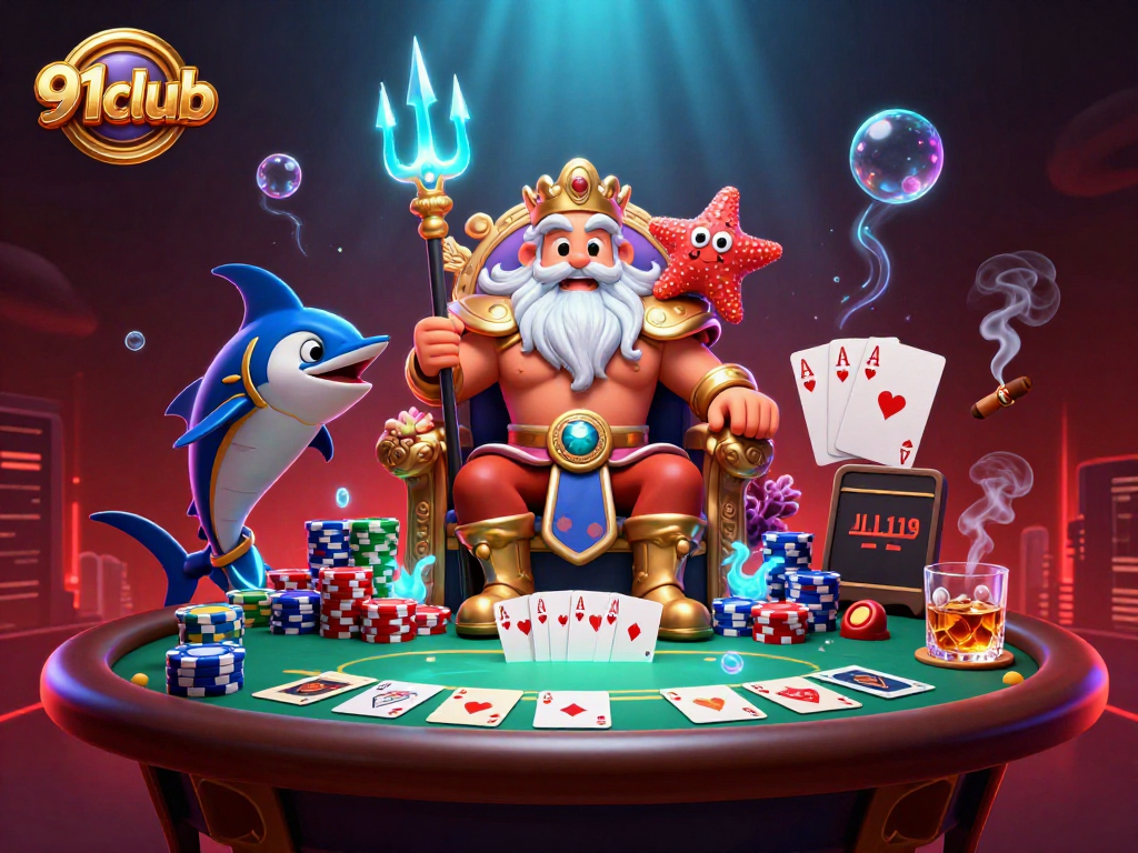 91club engaging players at a vibrant poker game with vibrant characters and casino elements.
