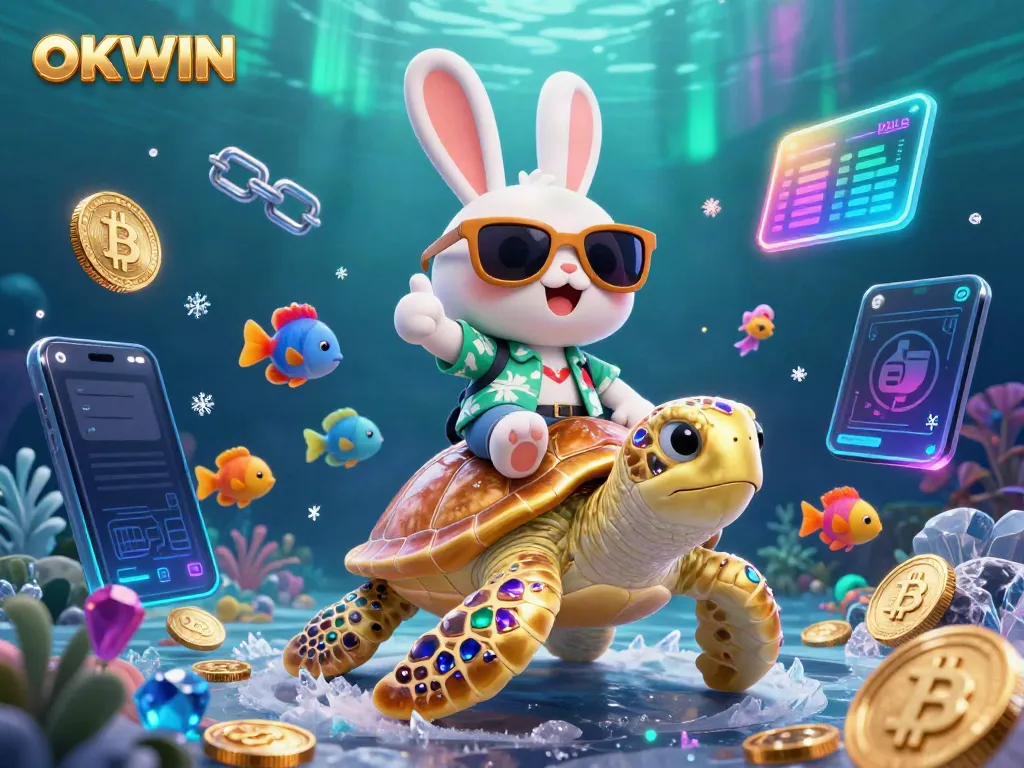 Engage with OKWIN's vibrant online gaming universe featuring a lucky rabbit, golden turtle, and floating cryptocurrency elements.