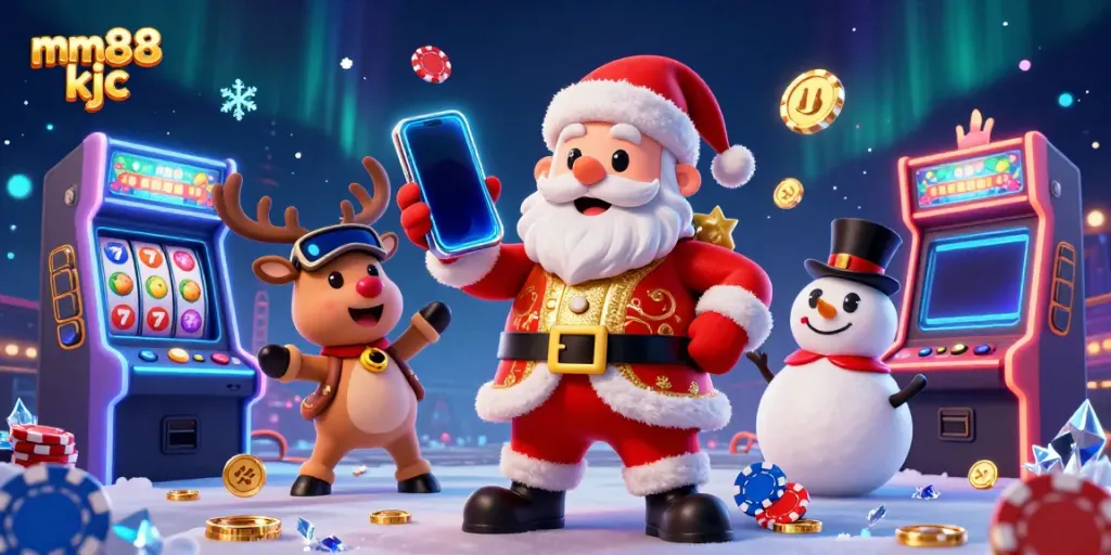 Join the excitement at mm88 kjc with Santa and friends celebrating jackpots in a vibrant casino!