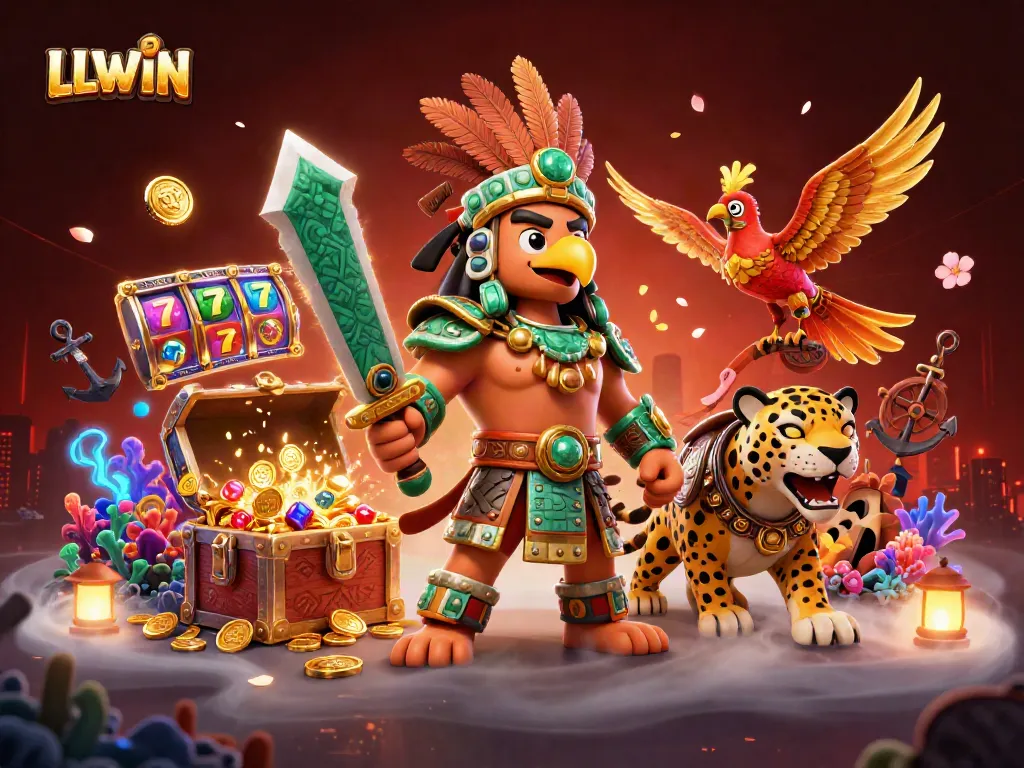 Experience the thrilling LLWIN casino with dynamic slot reels and vibrant characters in action.