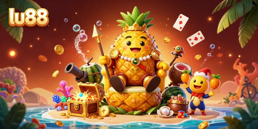Experience the vibrant world of lu88 with a golden pineapple king and his casino entourage in a colorful 3D beach scene.
