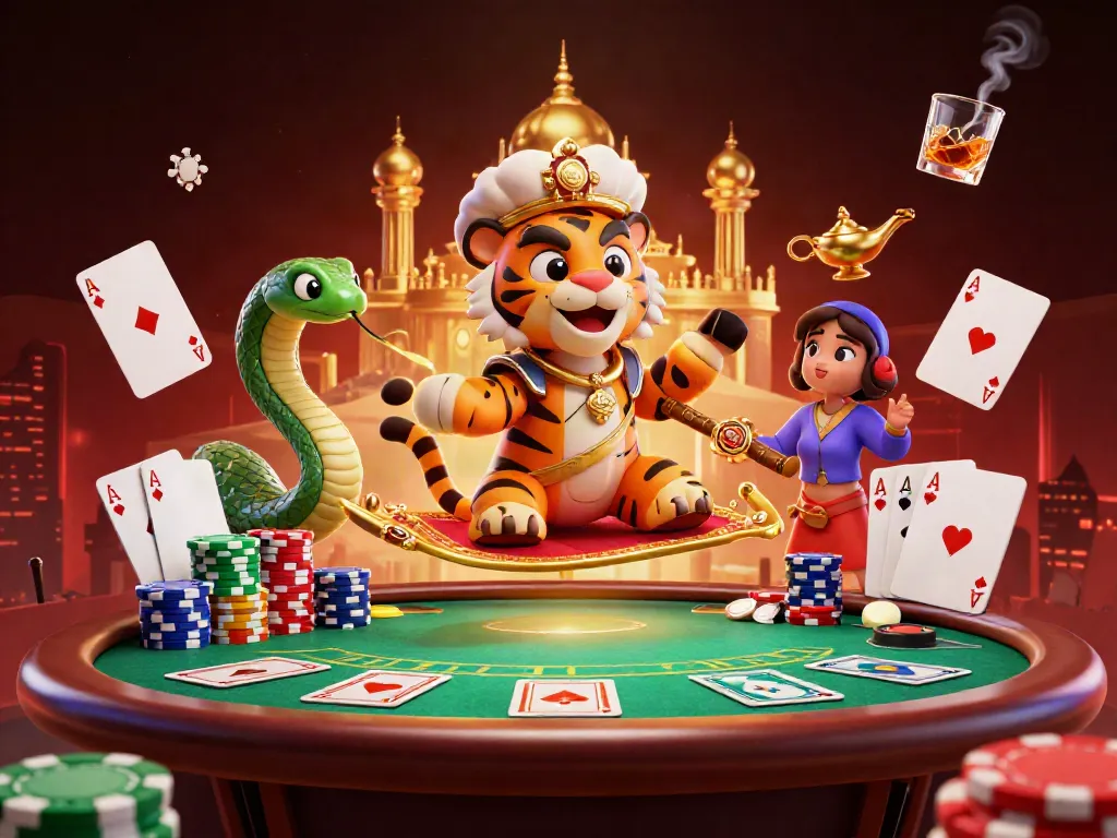 Experience thrilling adventures with Ta88, featuring a tiger sultan and poker elements in a vibrant casino scene.