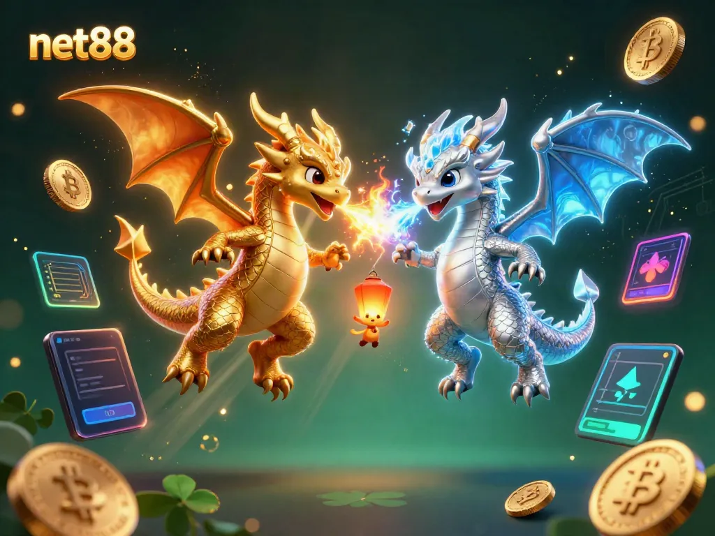 Experience thrilling bets at net88 with lively dragons and crypto elements in a vibrant casino scene.