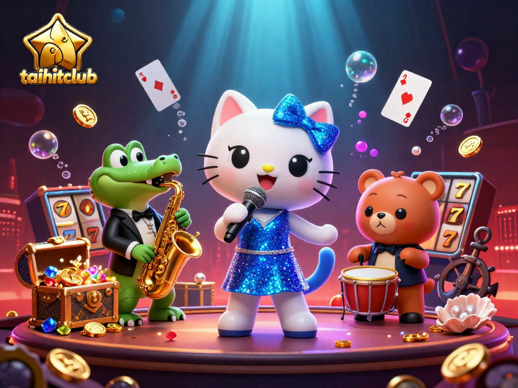 Experience the vibrant entertainment of taihitclub with a jazzy cat, crocodile, and bear in a dynamic casino scene.