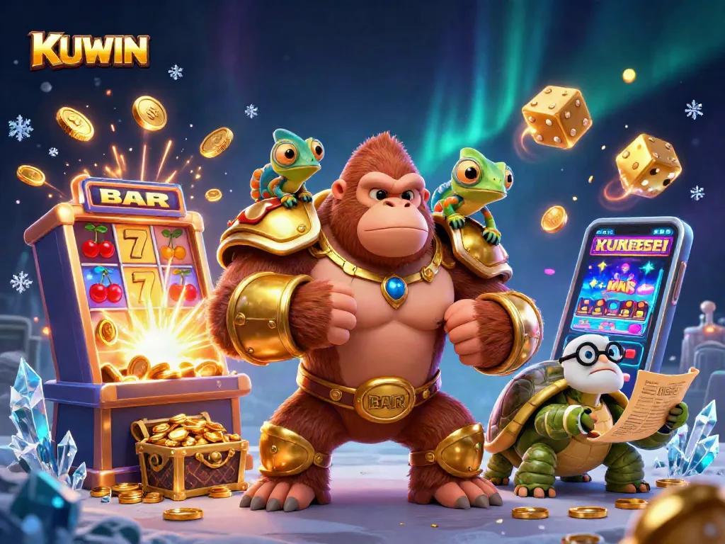 Experience thrilling casino action with KUWIN in a vibrant, colorful 3D scene.