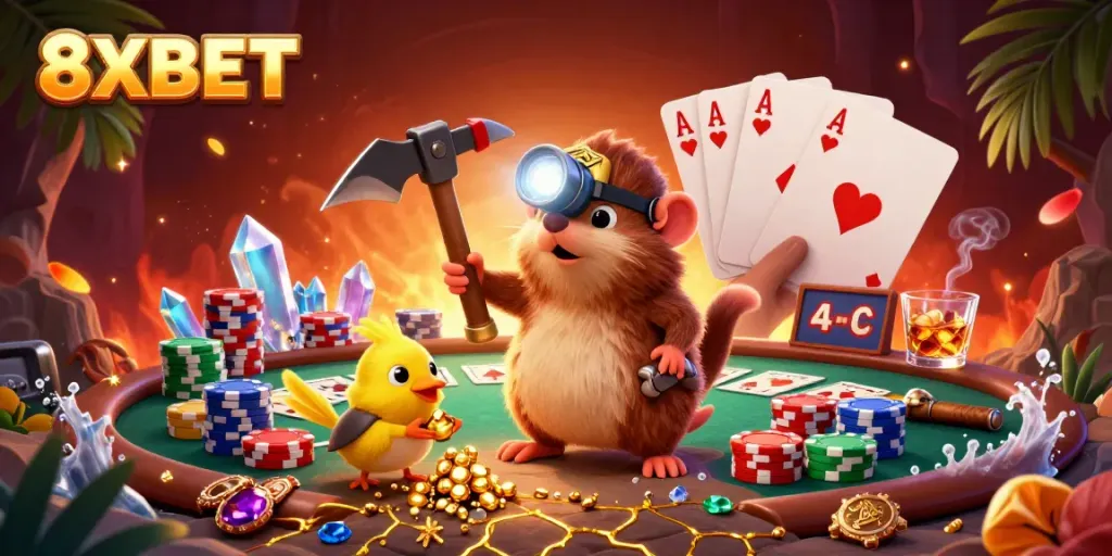 Experience thrilling gaming with 8XBET's vibrant casino illustration featuring a treasure-hunting mole and poker elements.