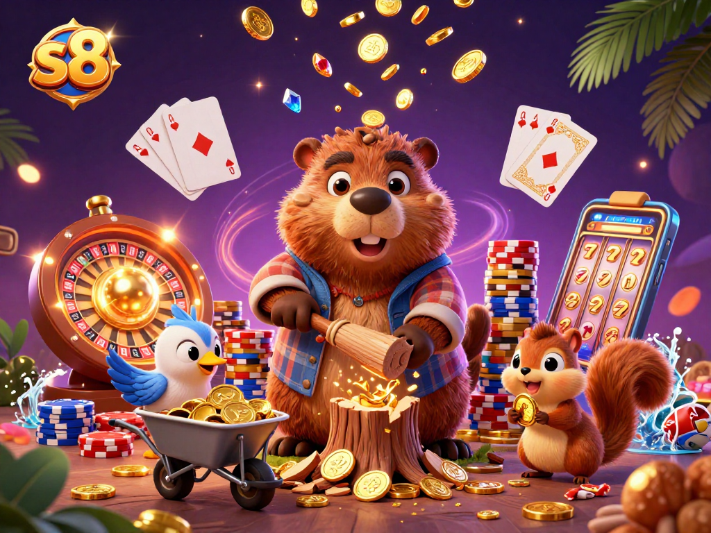 Spin the reels and win big with s8's exciting casino games, featuring a beaver and friends!
