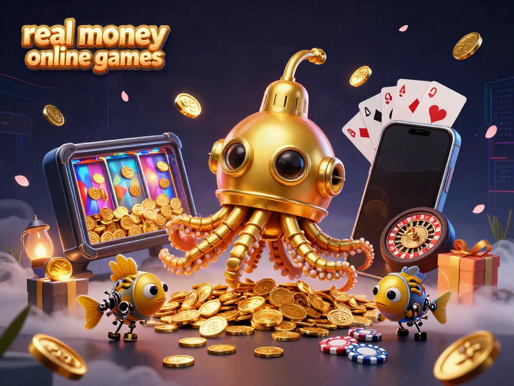 Engaging scene of real money online casino games featuring a golden kraken submarine among casino elements.
