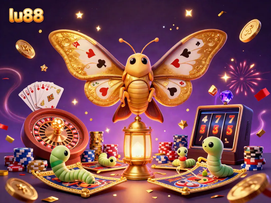 Engage in thrilling gaming adventures with lu88, featuring a colorful casino scene with golden wings and vibrant symbols.