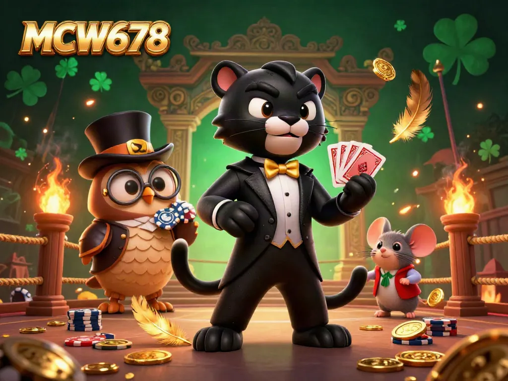 Engage with MCW678’s dynamic and vibrant casino scene featuring a stylish black panther dealing cards among winning symbols.
