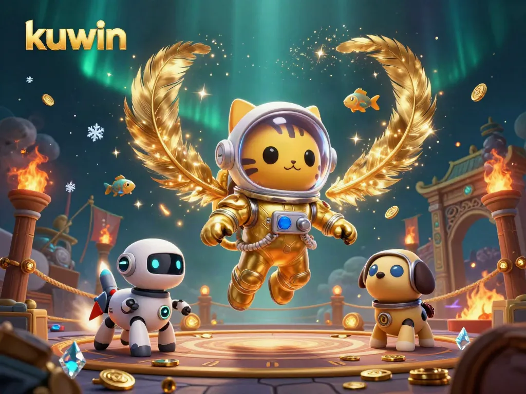 Kuwin's interactive gaming experience, showcasing a vibrant scene with a golden space cat and robot dog among sparkling coins.