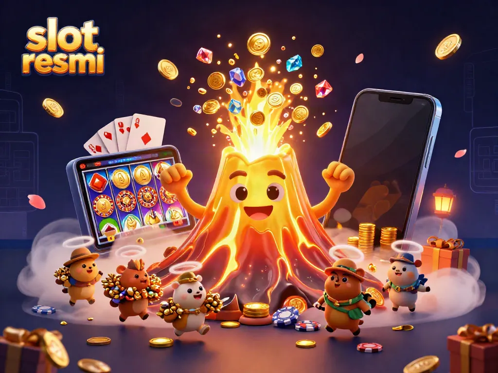 Experience thrilling jackpots with slot resmi, featuring a golden volcano and vibrant casino elements.