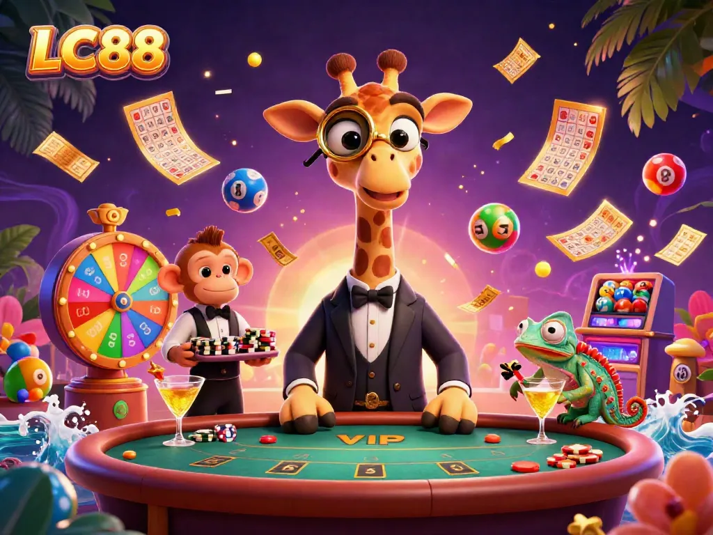 LC88 high-roller giraffe at a vibrant poker table among animated casino elements and colorful lottery balls.