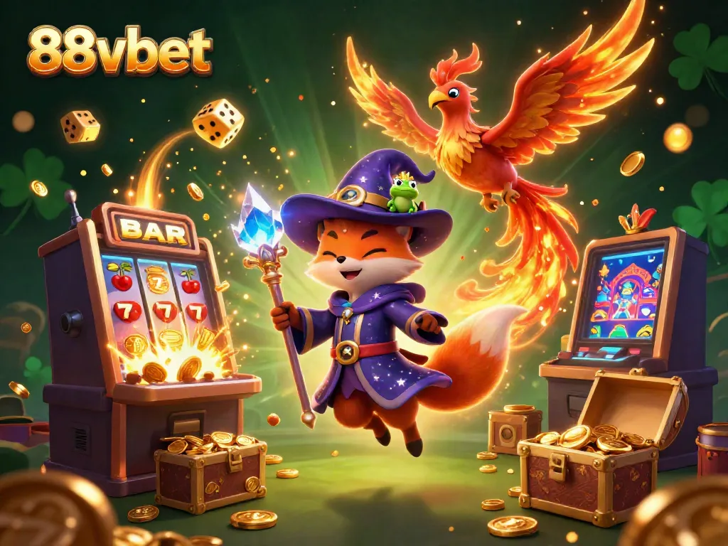 Experience the excitement of 88vbet with a colorful 3D casino scene featuring a magical wizard, phoenix, and thrilling game elements.