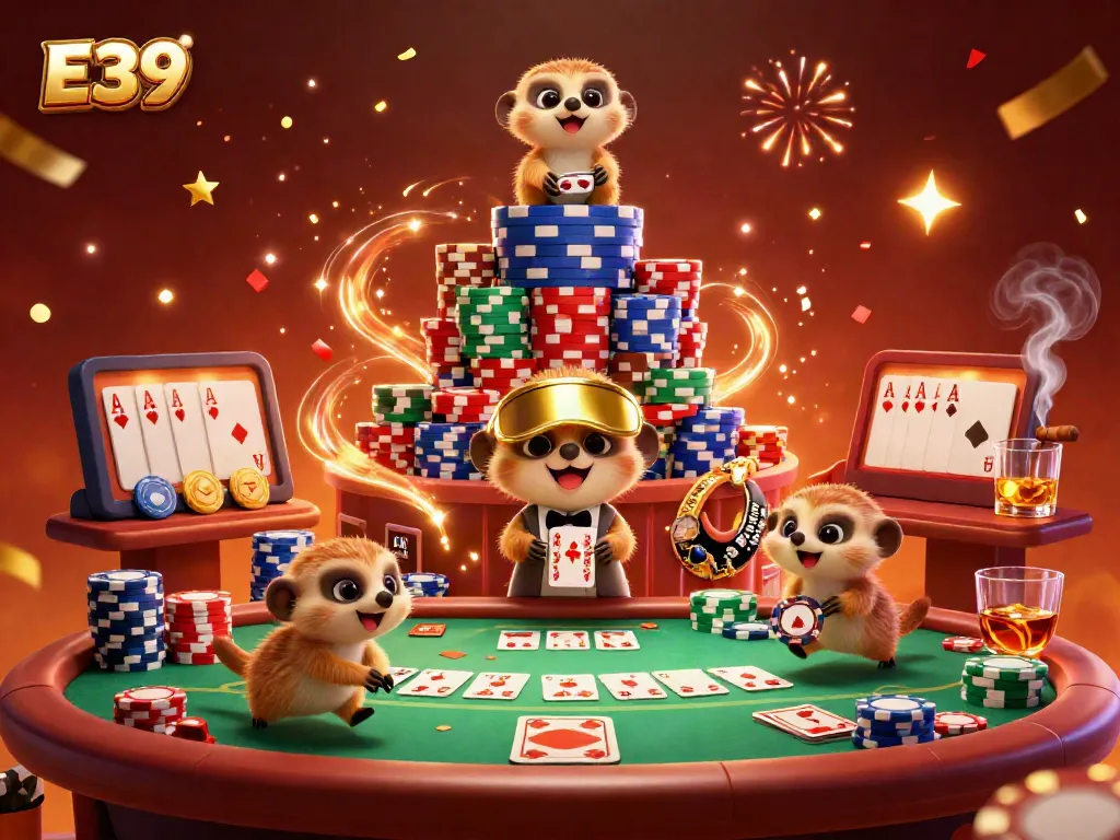 Experience thrilling casino action with E39 as a colony of meerkats manages a vibrant poker game with colorful chips and confetti.