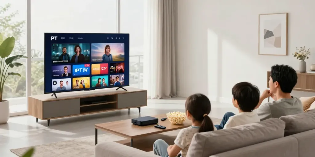 Family enjoying IPTV service together in a bright living room.