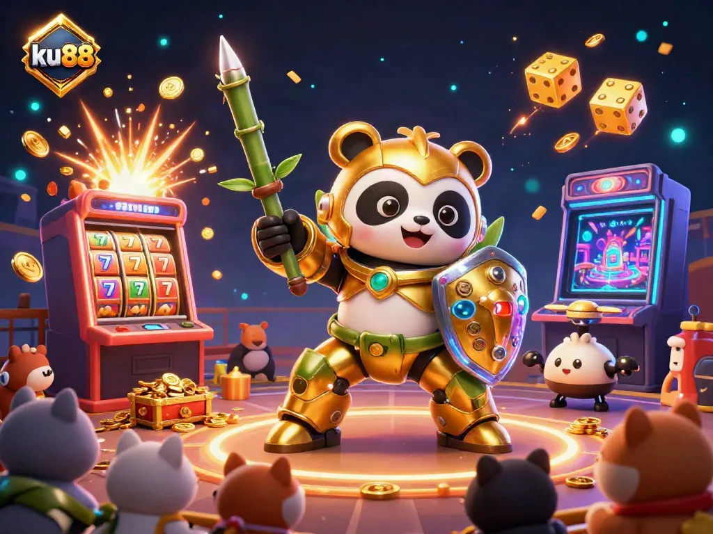 Experience thrilling betting at ku88 with a vibrant 3D casino illustration featuring epic game elements and animated characters.