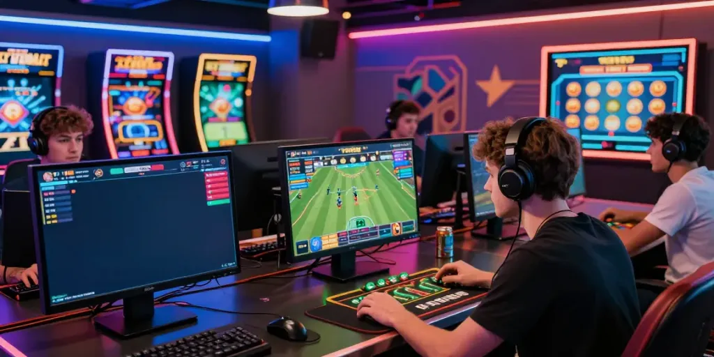 Engaged gamers enjoying online betting at https://vin88.team/ with vibrant graphics and modern setup.