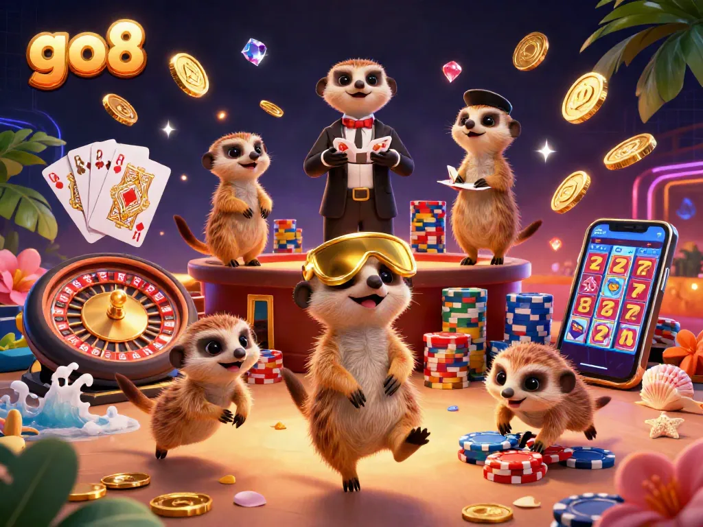 Engage with go8's immersive casino adventure featuring meerkats managing game action and sparkling winnings.