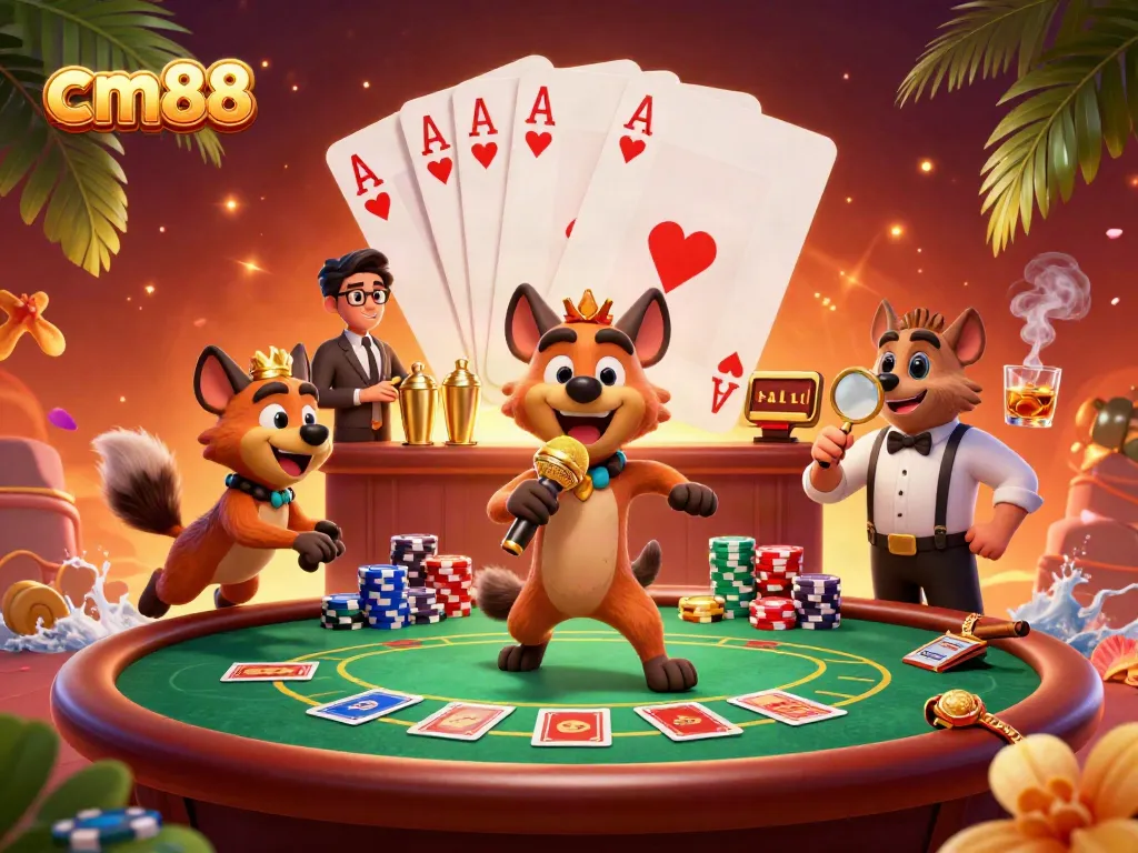 Experience the vibrant world of cm88 with comic hyenas running a dynamic casino scene full of action.