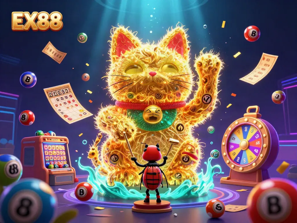 Engage in casino fun with the vibrant imagery of EX88 featuring a lucky cat surrounded by dynamic lottery elements.