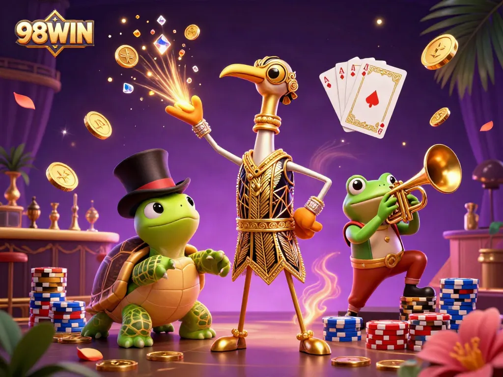 Spin and win with 98WIN in this vibrant 3D casino scene featuring lively characters and a wealth of gaming elements.