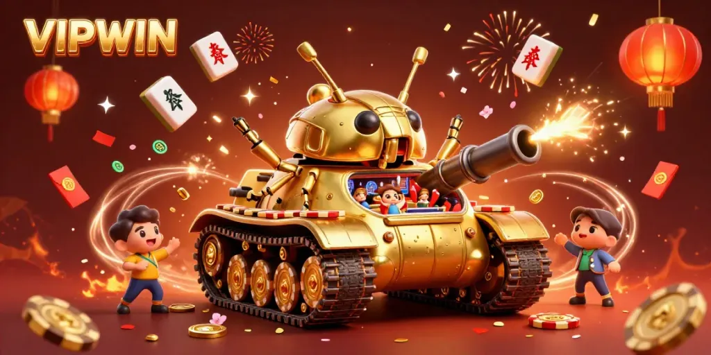 Experience the thrill of VIPWIN with a vibrant 3D casino scene featuring a golden beetle tank and festive game elements.