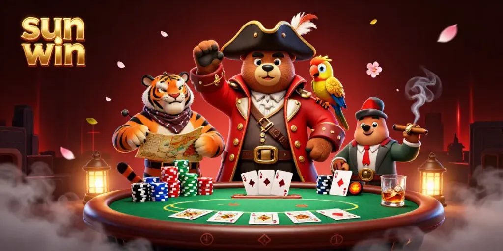 Experience thrilling poker action in a vibrant sun win-themed illustration featuring dynamic characters and rich casino elements.