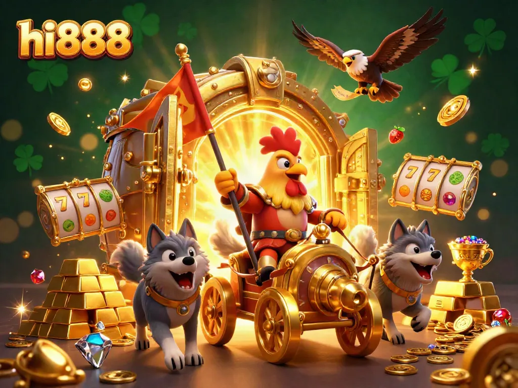 Spin to win with hi888: a vibrant, dynamic 3D casino scene illustrating slot reels and treasure.