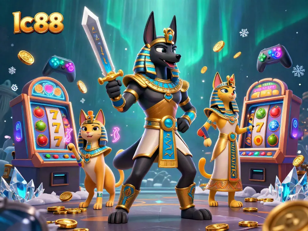 Join the adventure at lc 88 with a vibrant scene of Anubis and Bastet amidst colorful slot machines and glowing game elements, inviting action.