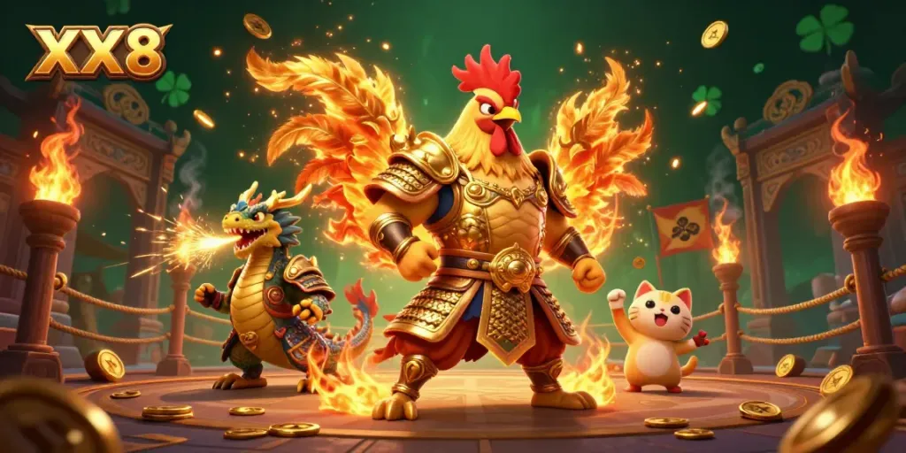 Experience thrilling action with XX8 featuring powerful rooster warrior and dragon hatchling in a vibrant casino scene.